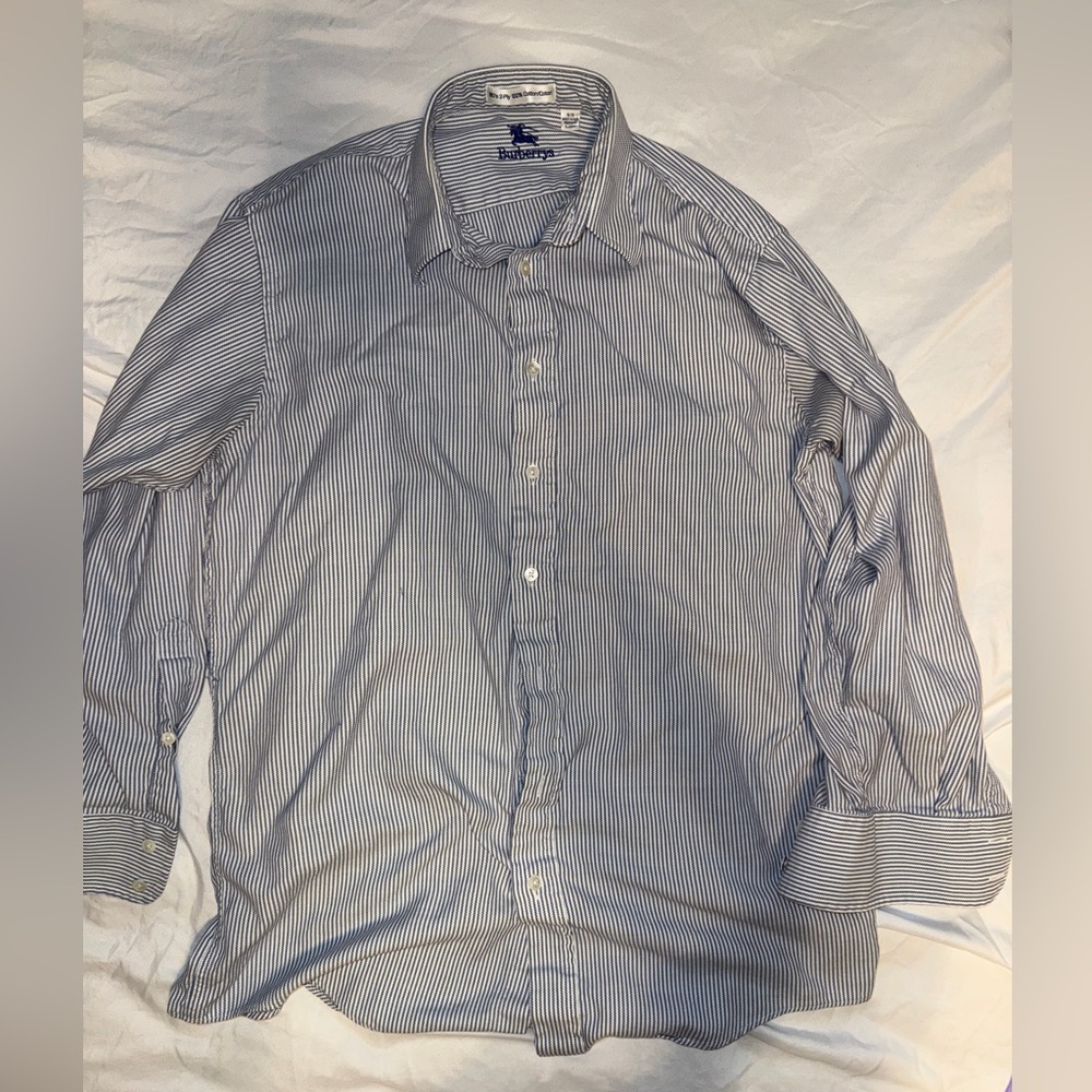 Vintage Burberry Blue and White Striped Button Up Shirt.